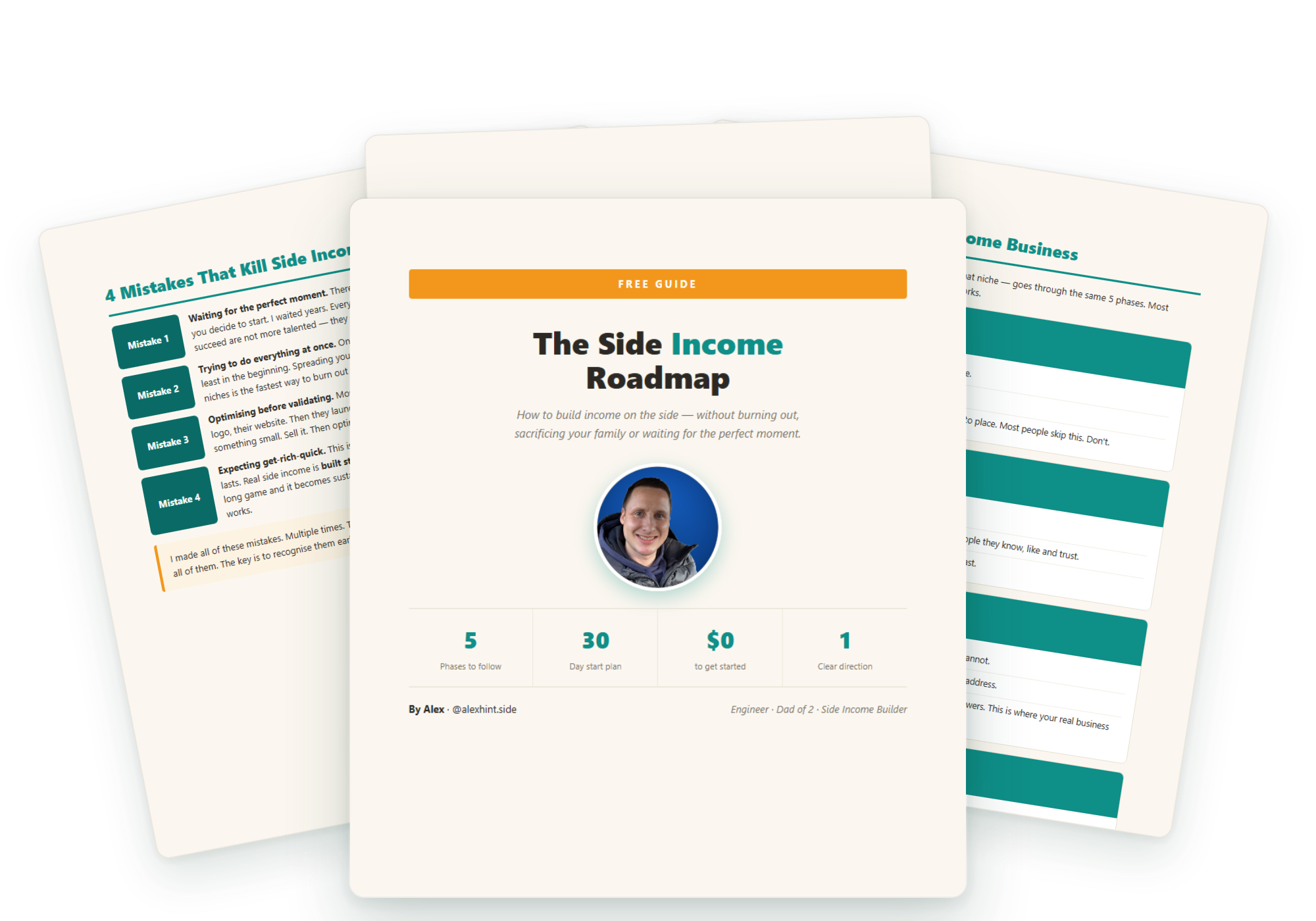 The Side Income Roadmap — 8-page free guide, pages fanned out